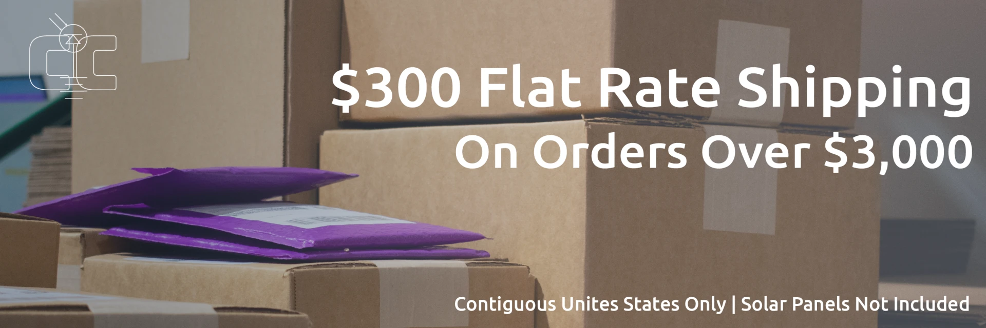 Banner saying, "$300 flat rate shipping on orders over $3000." Image features calming boxes and mailers.